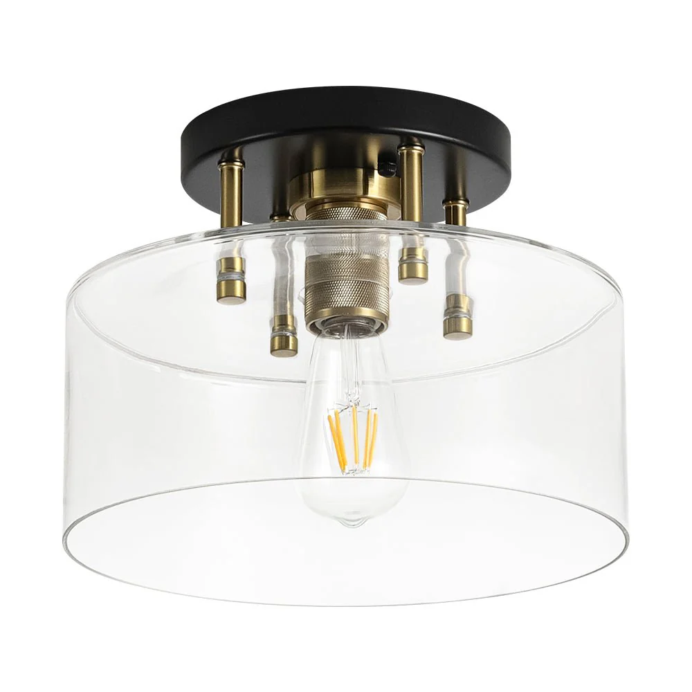 1-Light Black Brass Clear Glass Drum Semi Flush Mount - Image 6
