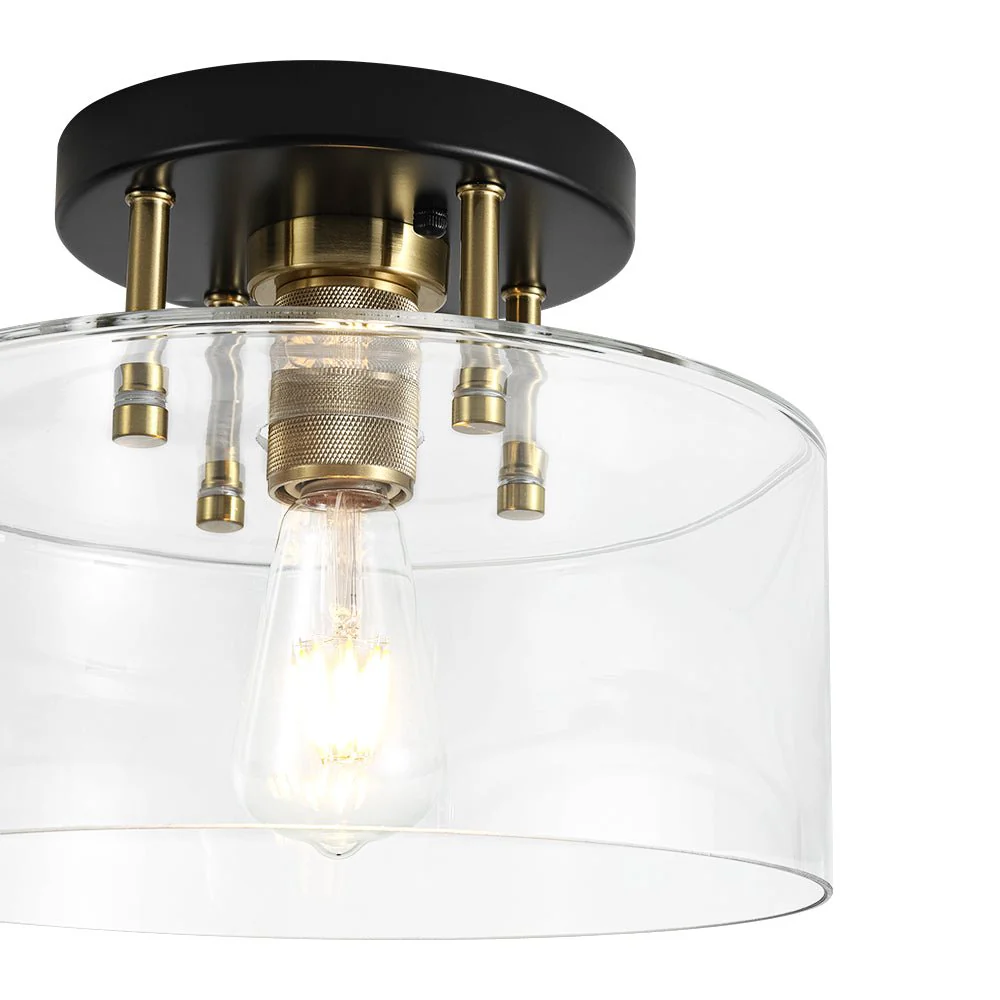 1-Light Black Brass Clear Glass Drum Semi Flush Mount - Image 7