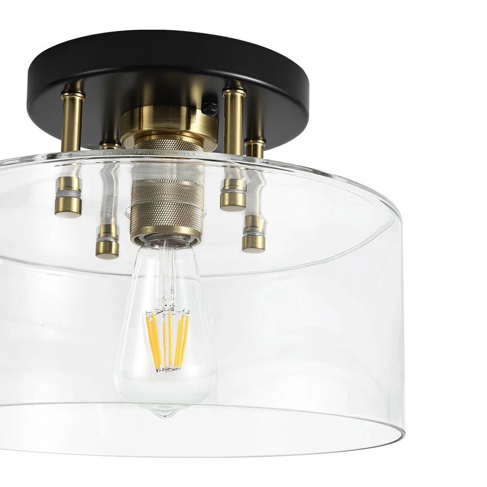 1-Light Black Brass Clear Glass Drum Semi Flush Mount - Image 8