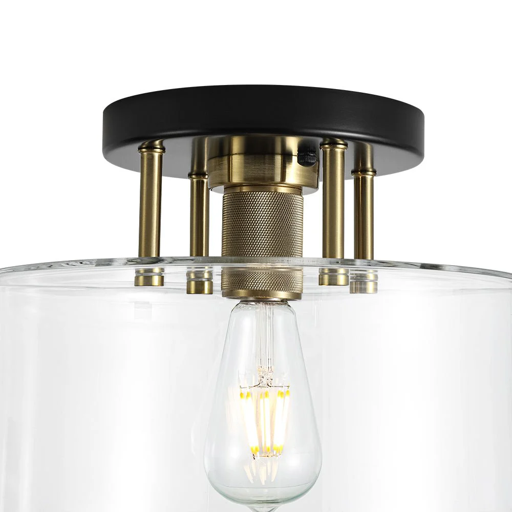 1-Light Black Brass Clear Glass Drum Semi Flush Mount - Image 9