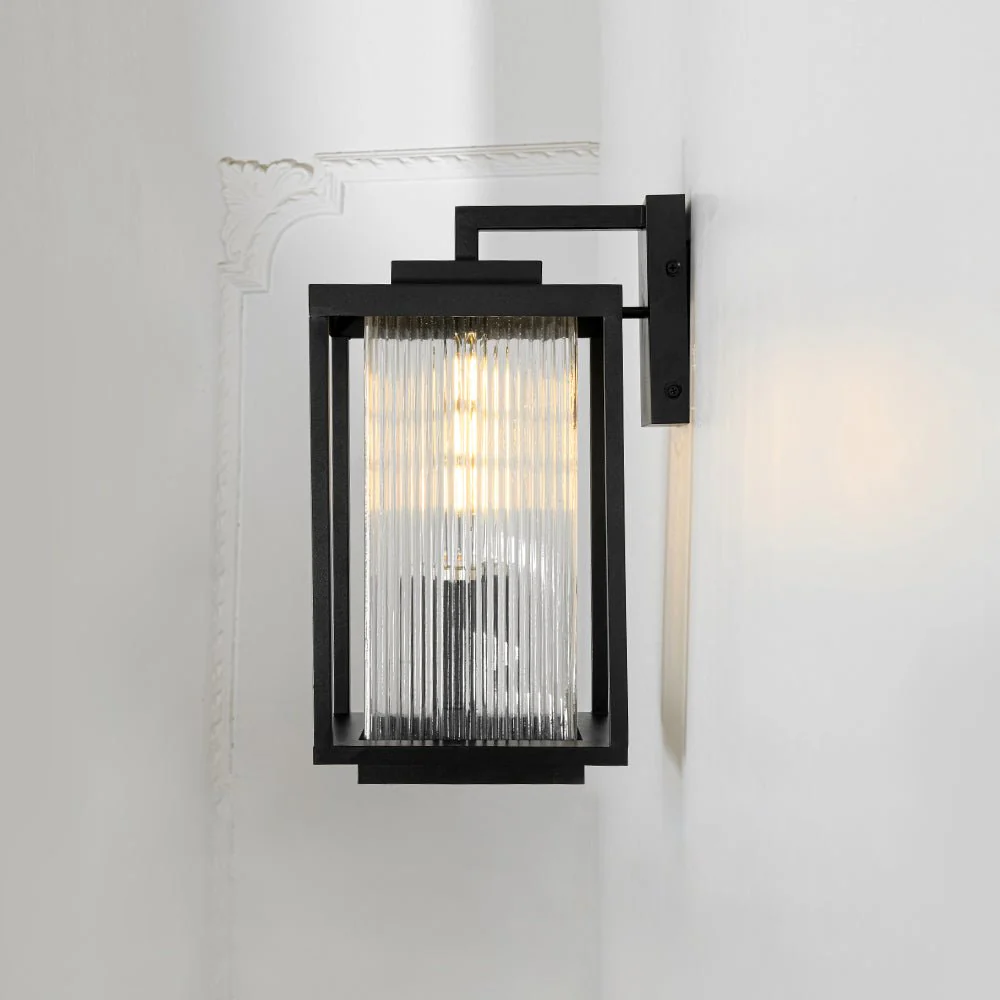 IP23 1-Light Black Ribbed Glass Outdoor Wall Lantern - Image 19
