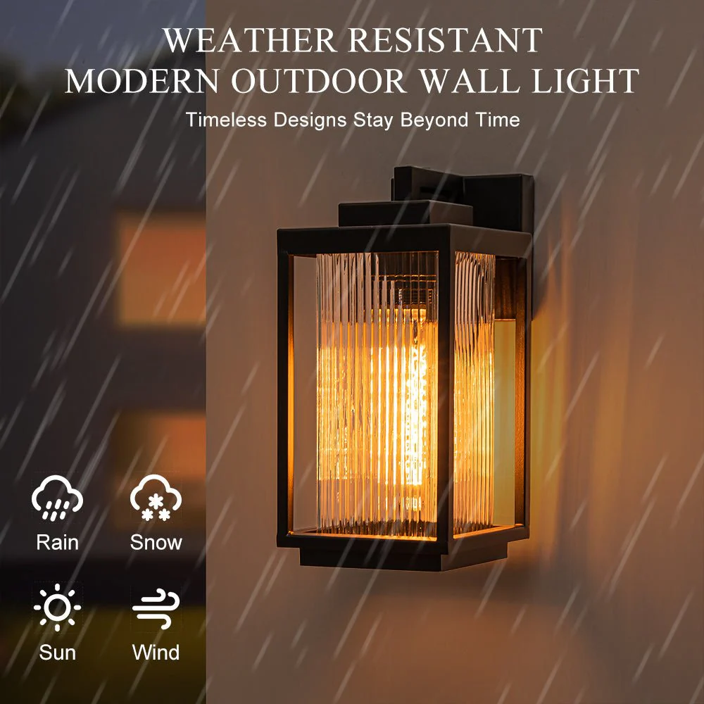 IP23 1-Light Black Ribbed Glass Outdoor Wall Lantern - Image 4