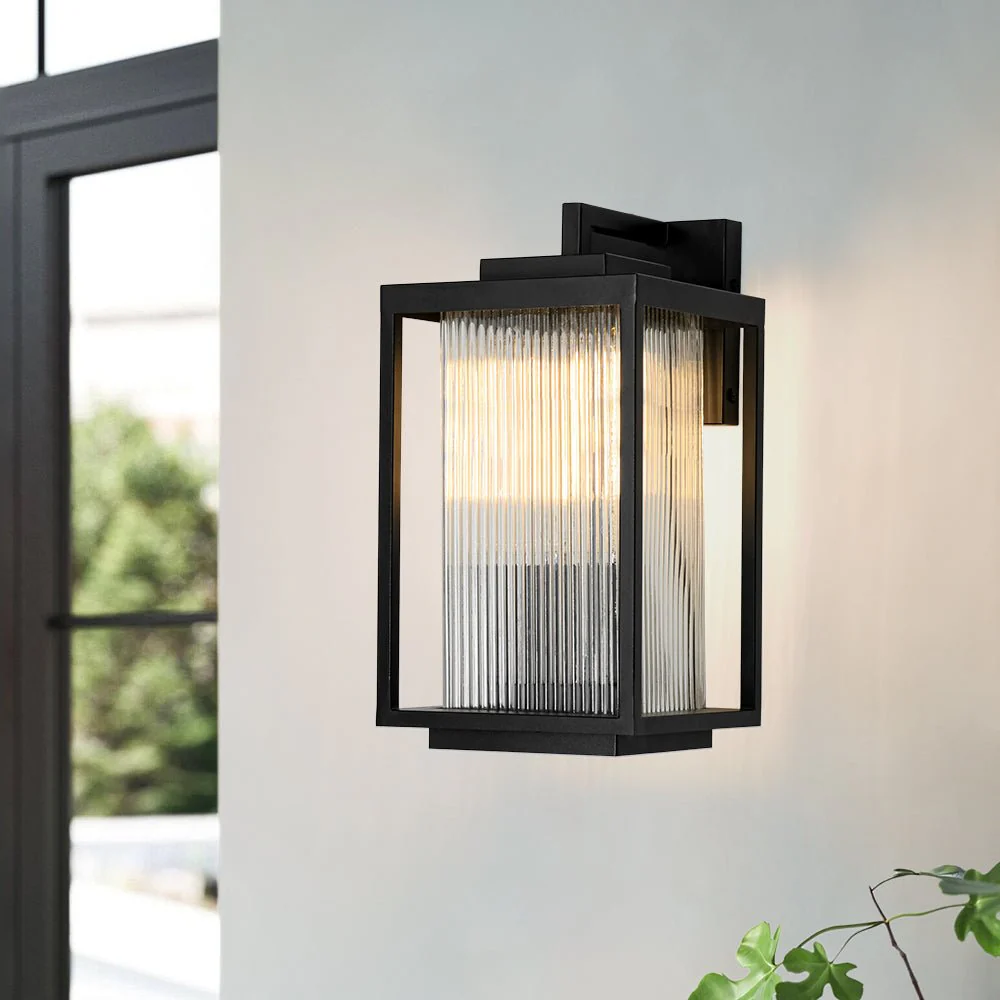 IP23 1-Light Black Ribbed Glass Outdoor Wall Lantern - Image 5