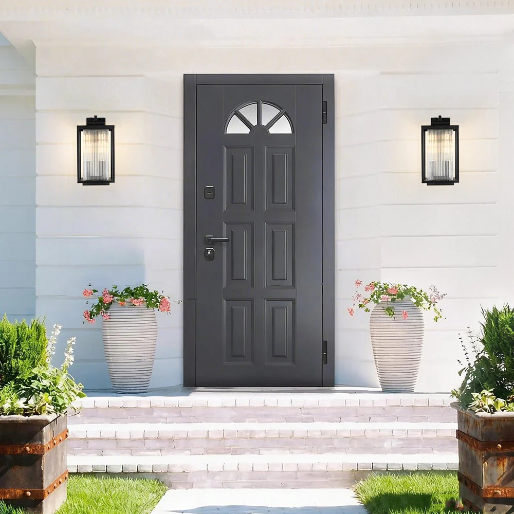 IP23 1-Light Black Ribbed Glass Outdoor Wall Lantern - Image 6