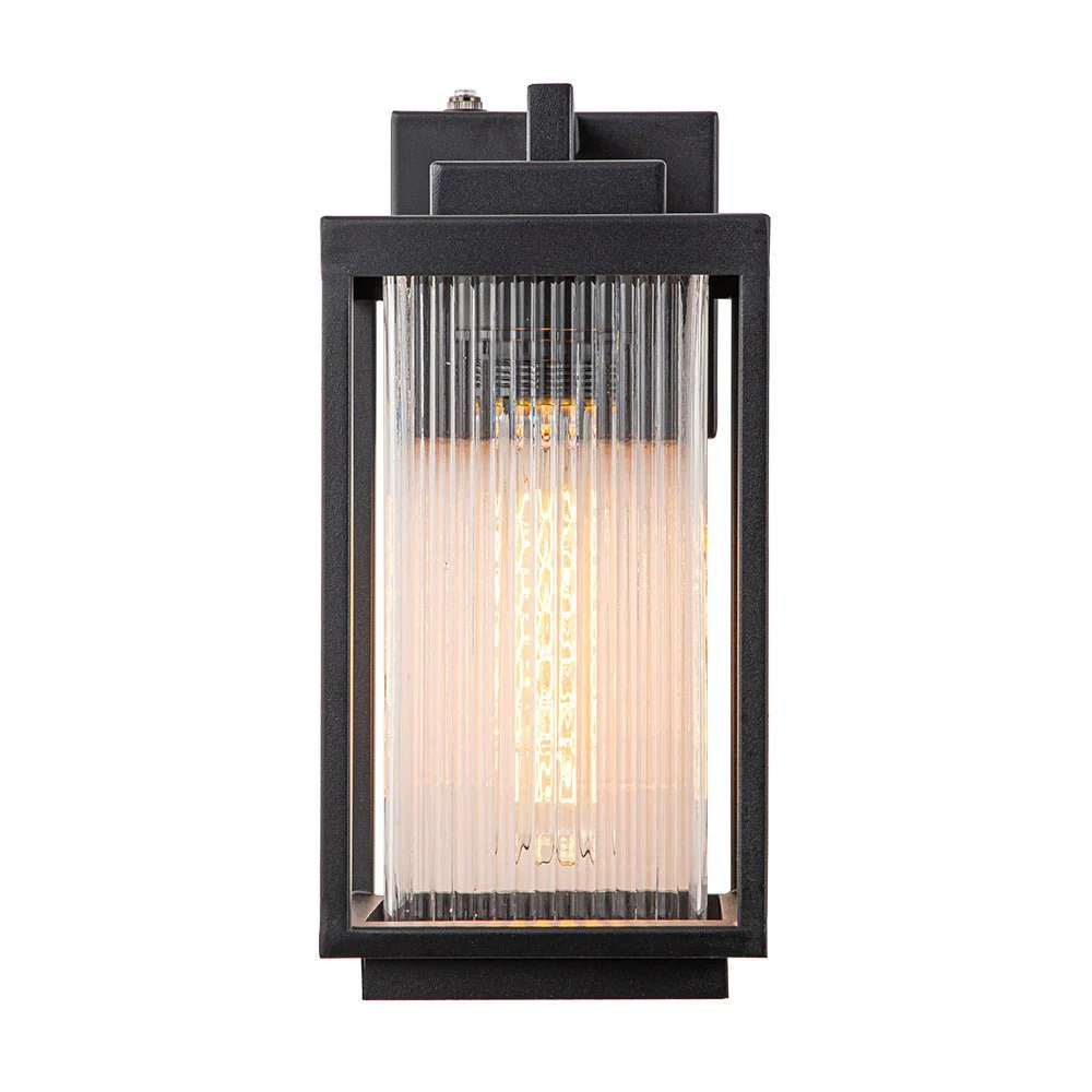 IP23 1-Light Black Ribbed Glass Outdoor Wall Lantern - Image 7