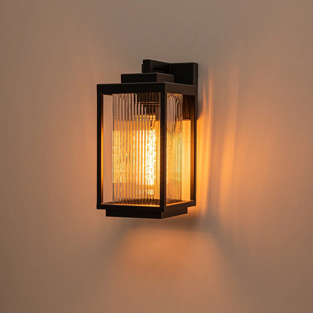 IP23 1-Light Black Ribbed Glass Outdoor Wall Lantern - Image 9