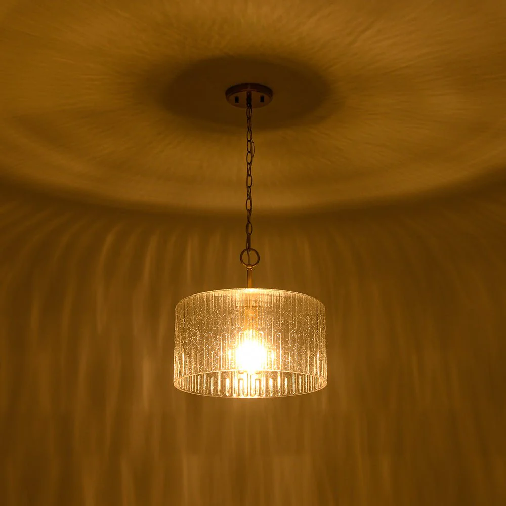 1-Light Clear Striped Glass Drum Semi Flush / Round Cage Pendant - Image 10