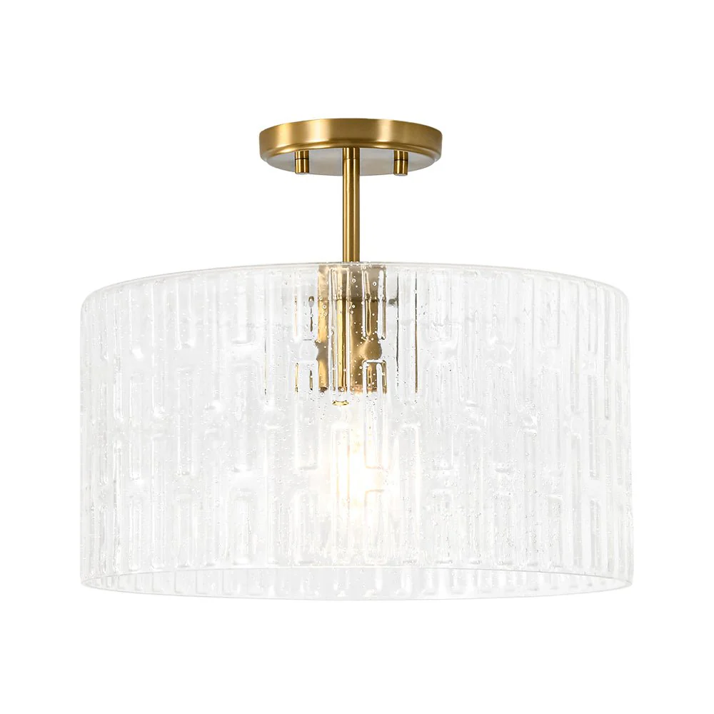 1-Light Clear Striped Glass Drum Semi Flush / Round Cage Pendant - Image 3