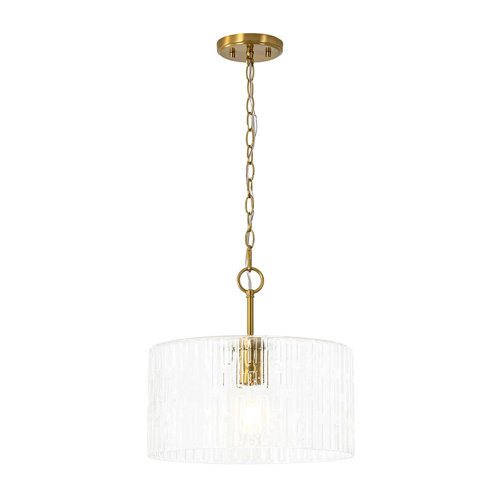 1-Light Clear Striped Glass Drum Semi Flush / Round Cage Pendant - Image 5