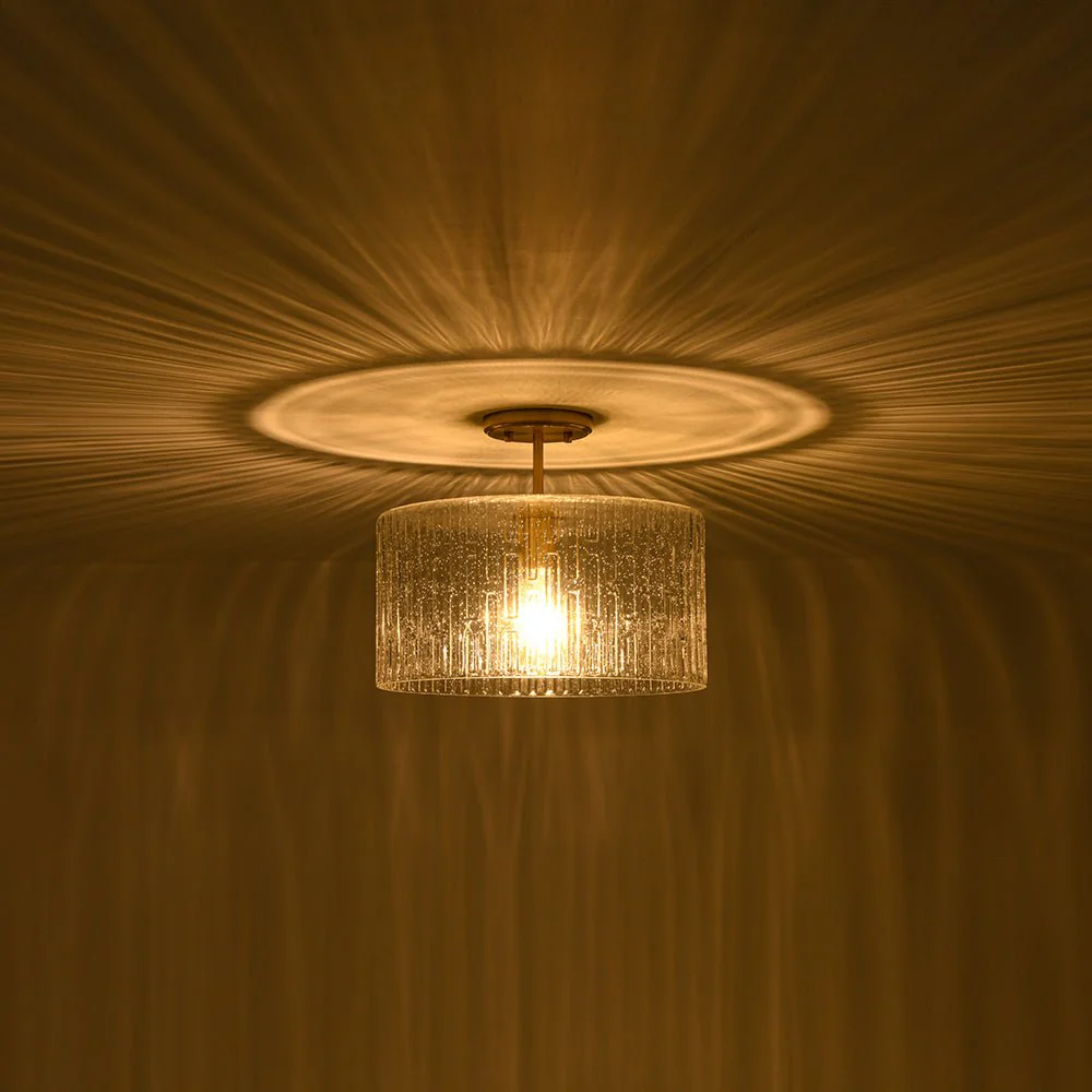 1-Light Clear Striped Glass Drum Semi Flush / Round Cage Pendant - Image 8