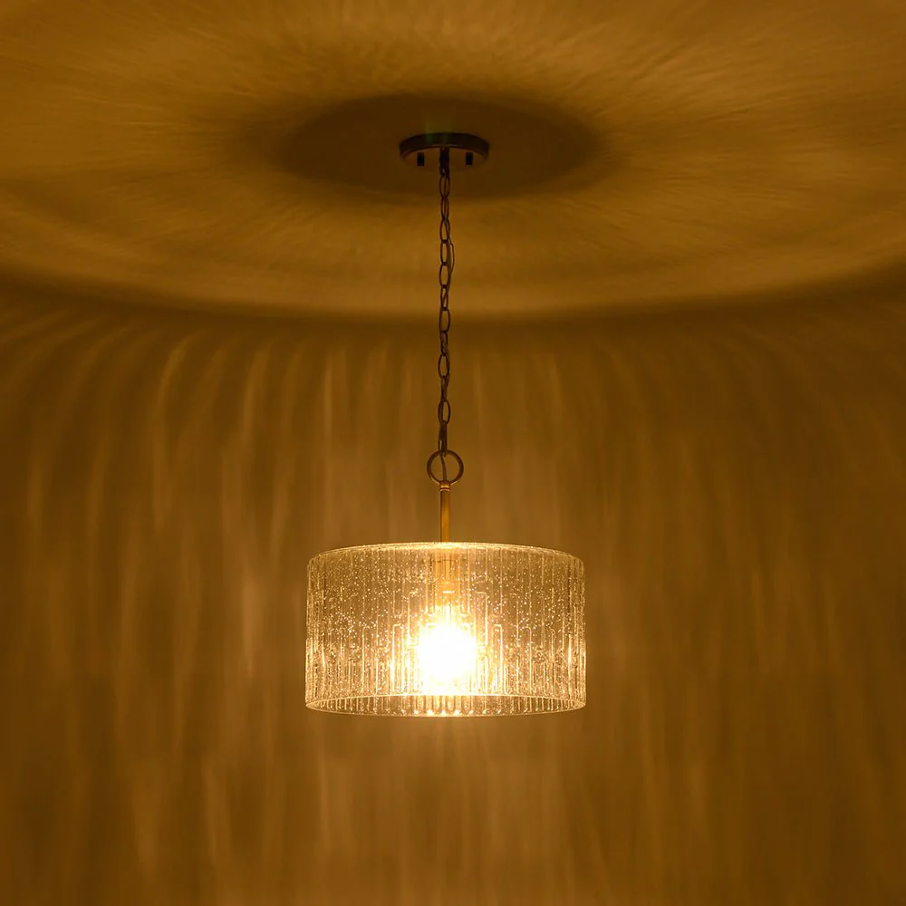 1-Light Clear Striped Glass Drum Semi Flush / Round Cage Pendant - Image 9