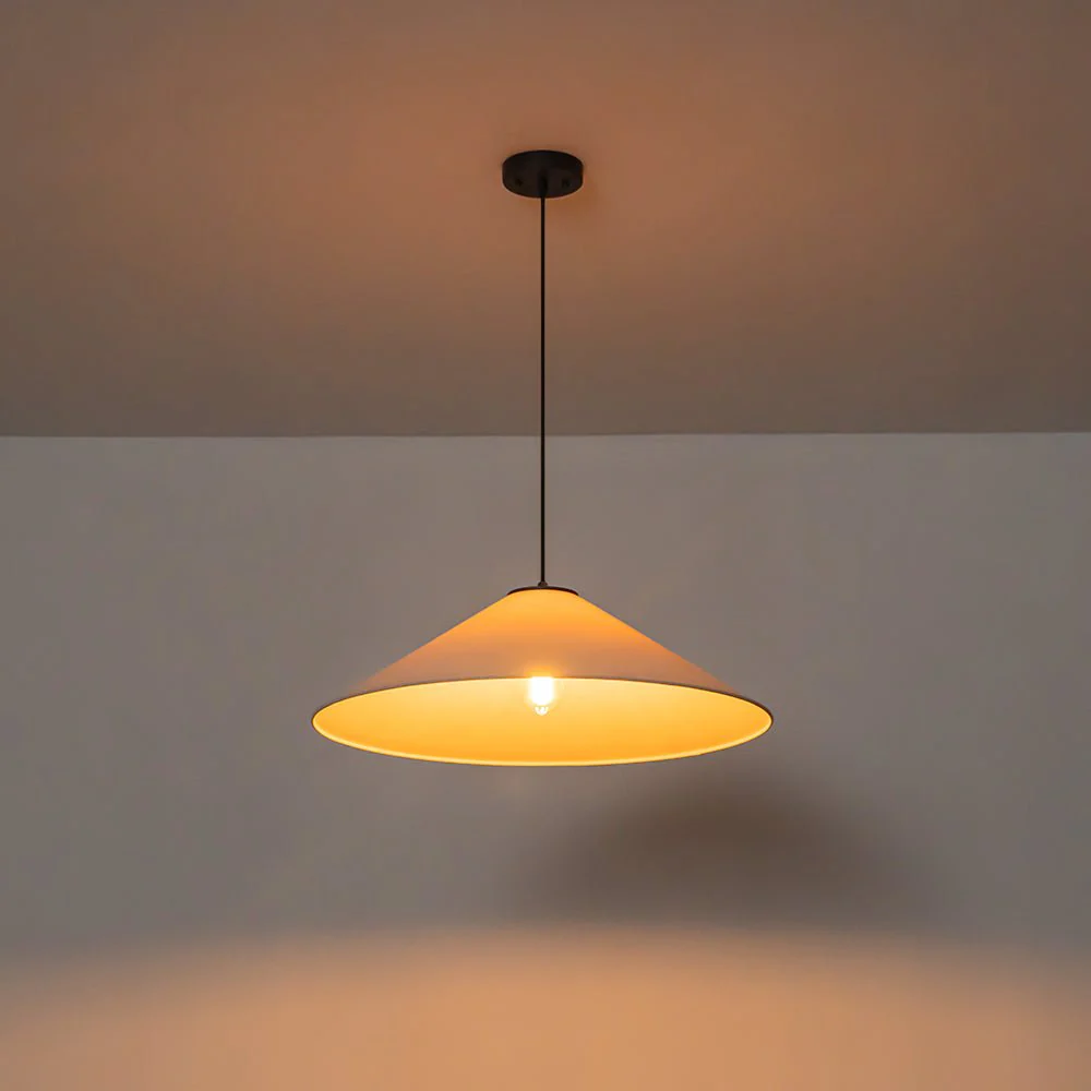 1-Light Large White Linen Shallow Conical Cage Pendant - Image 13