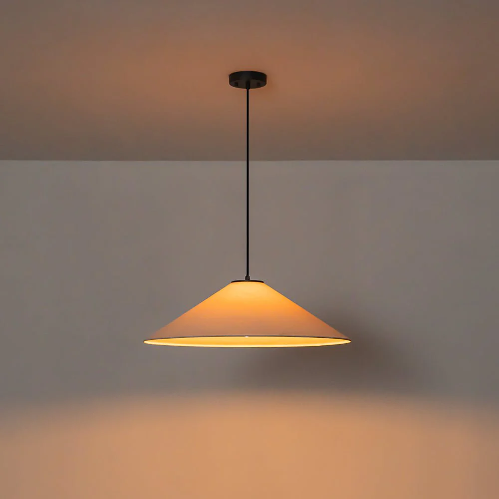 1-Light Large White Linen Shallow Conical Cage Pendant - Image 14