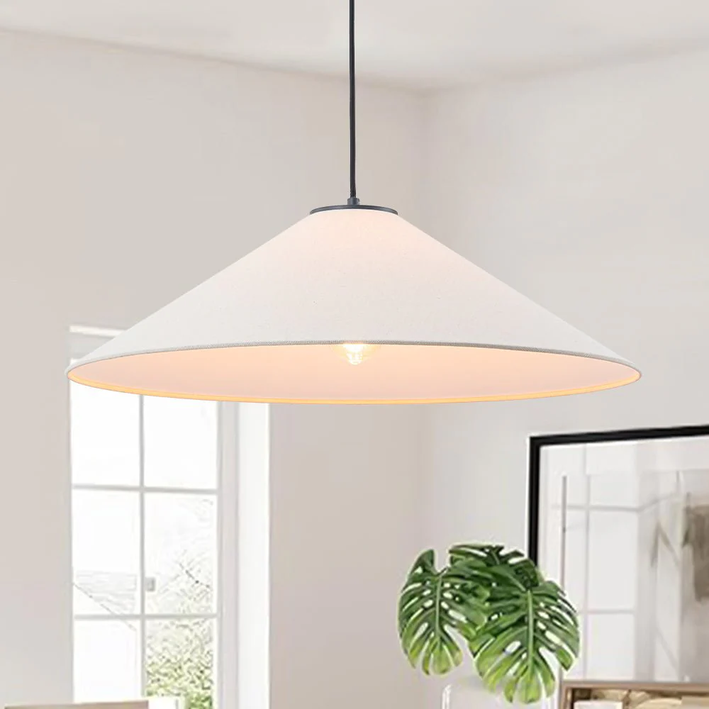 1-Light Large White Linen Shallow Conical Cage Pendant - Image 2