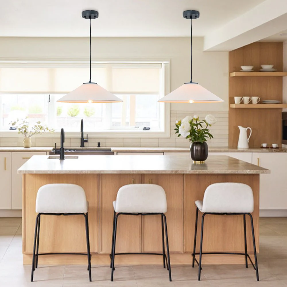 1-Light Large White Linen Shallow Conical Cage Pendant - Image 3