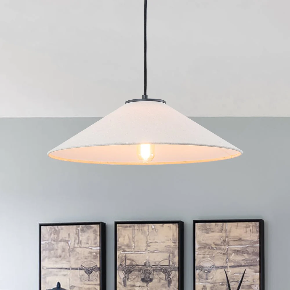 1-Light Large White Linen Shallow Conical Cage Pendant - Image 4