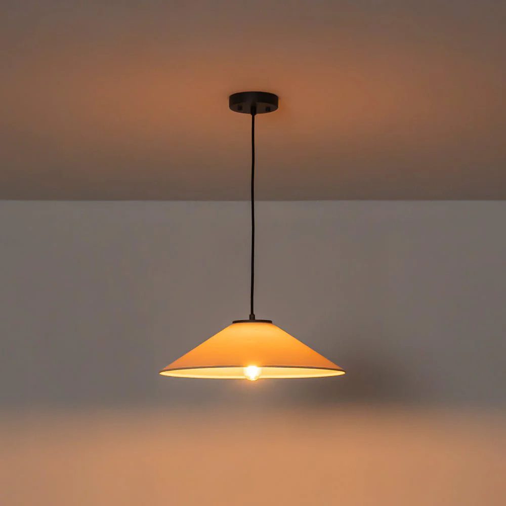 1-Light Large White Linen Shallow Conical Cage Pendant - Image 8