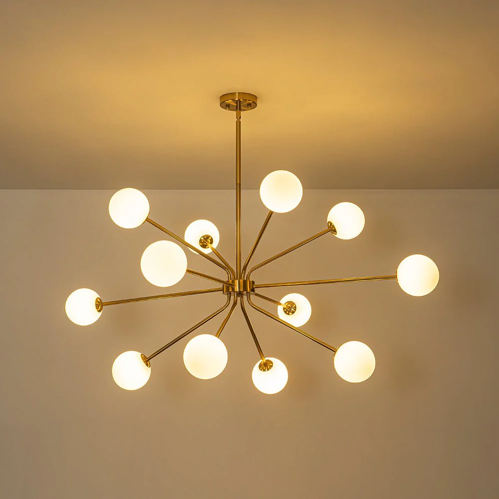 12-Light Brass Firework Opal Glass Globe Sputnik Chandelier - Image 10