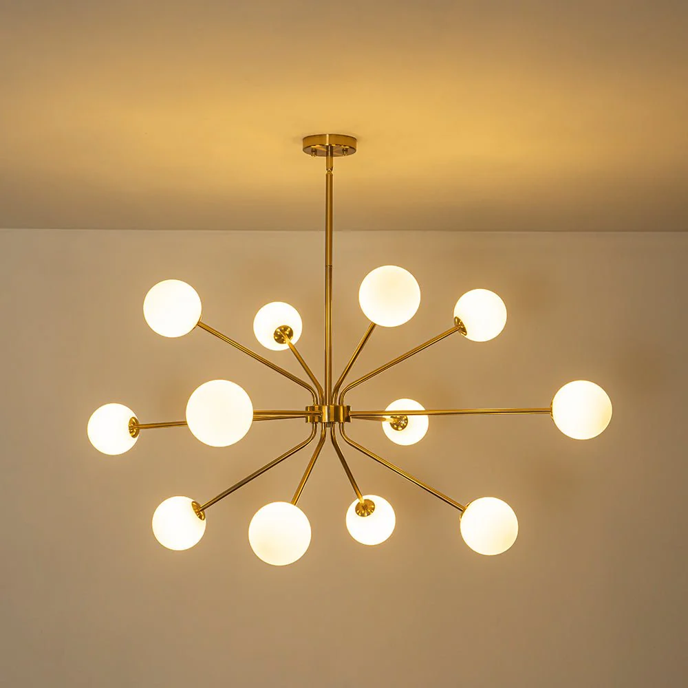 12-Light Brass Firework Opal Glass Globe Sputnik Chandelier - Image 11