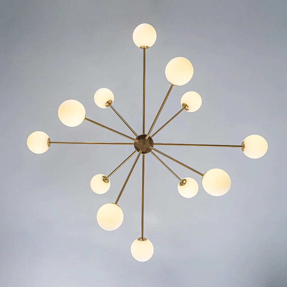 12-Light Brass Firework Opal Glass Globe Sputnik Chandelier - Image 12