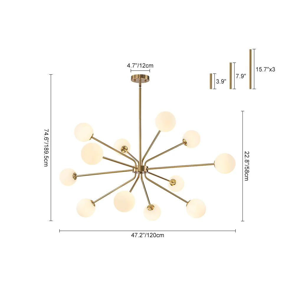 12-Light Brass Firework Opal Glass Globe Sputnik Chandelier - Image 9
