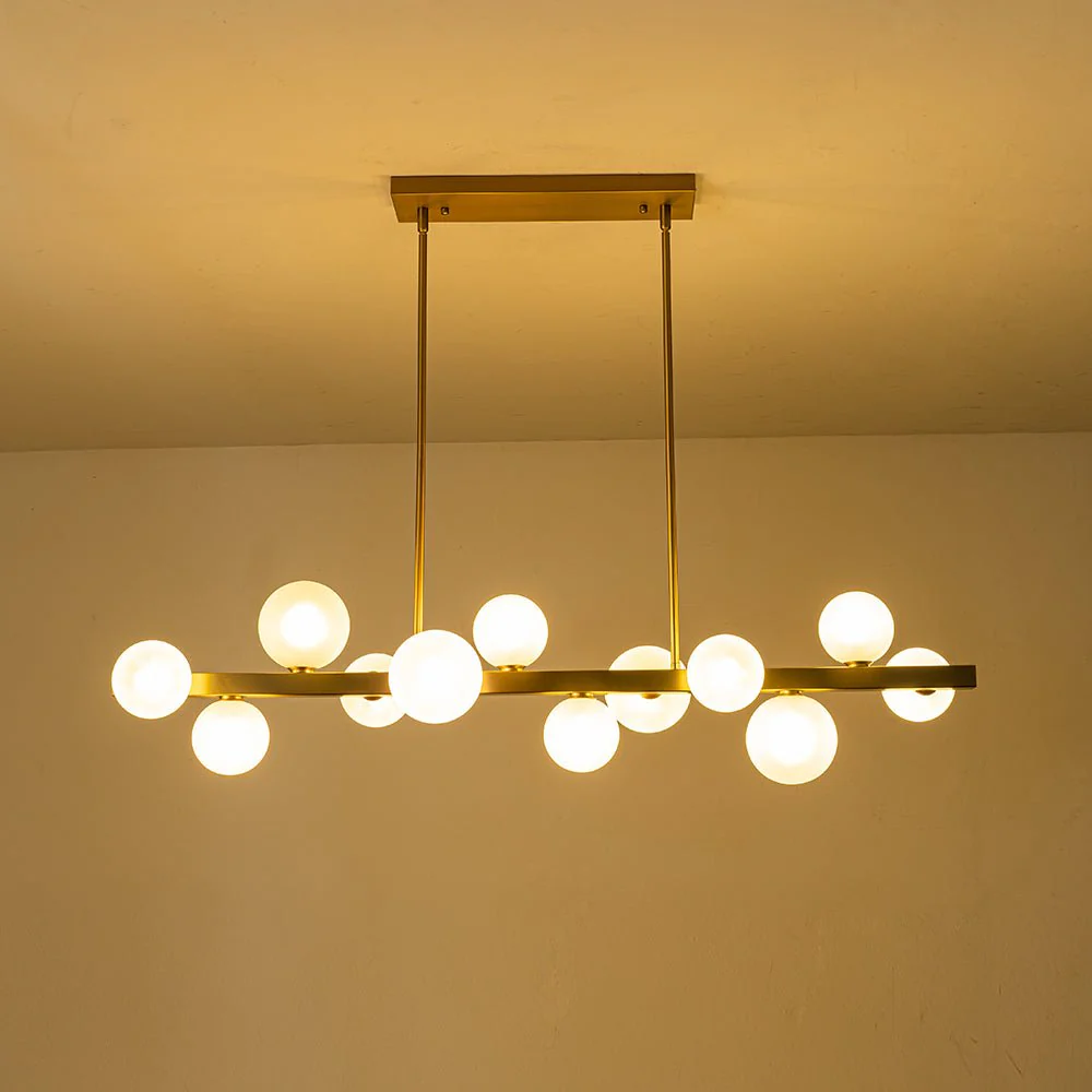 12-Light Brass Frosted Glass Bubble Linear Chandelier - Image 11