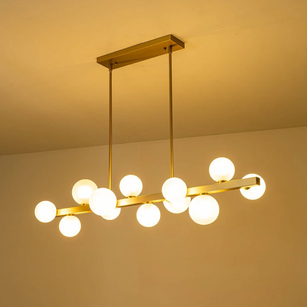 12-Light Brass Frosted Glass Bubble Linear Chandelier - Image 12