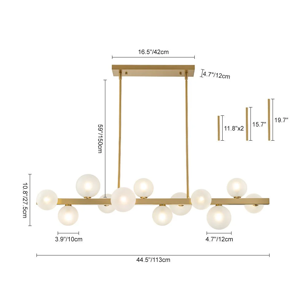 12-Light Brass Frosted Glass Bubble Linear Chandelier - Image 13