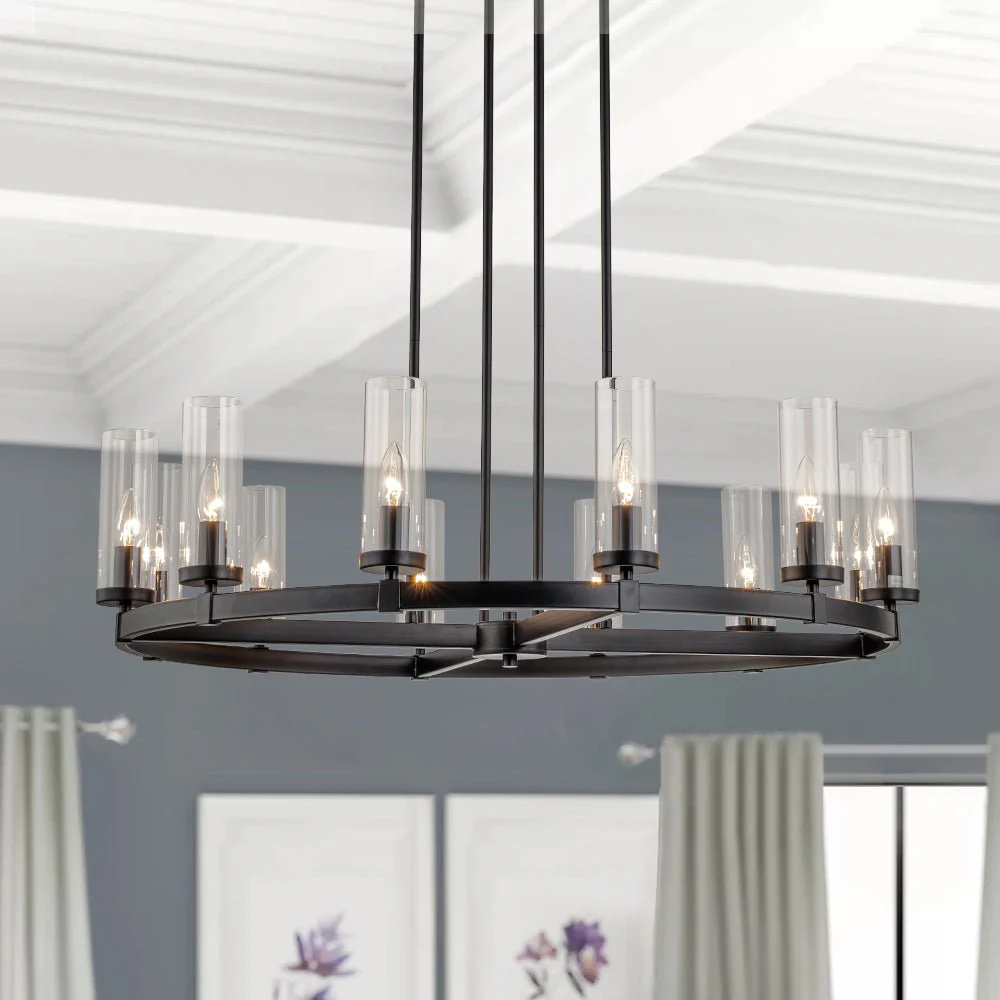 12-Light Clear Glass Shade Wagon Wheel Chandelier - Image 3