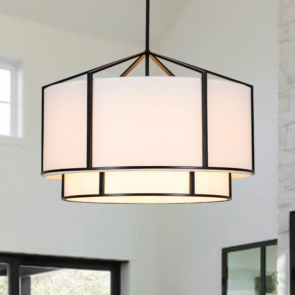 2-Tier Large White Fabric Drum Cage Chandelier - Image 2