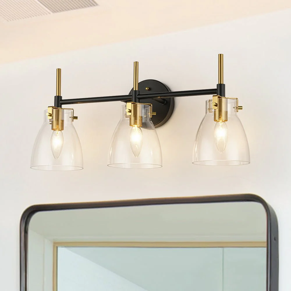 3-Light Black Brass Bell Glass Shade Vanity Wall Lamp - Image 3