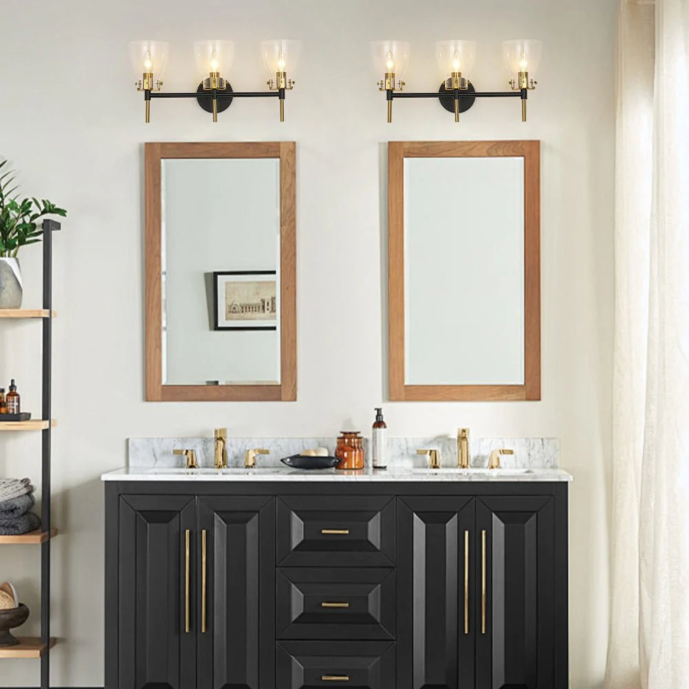 3-Light Black Brass Bell Glass Shade Vanity Wall Lamp - Image 4