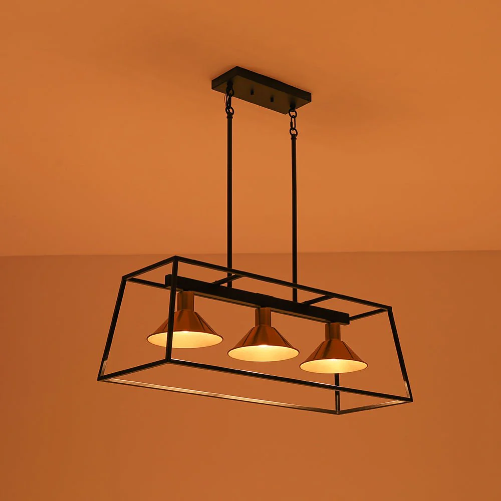 3-Light Black Brass Rectangle Cage Island Chandelier - Image 10