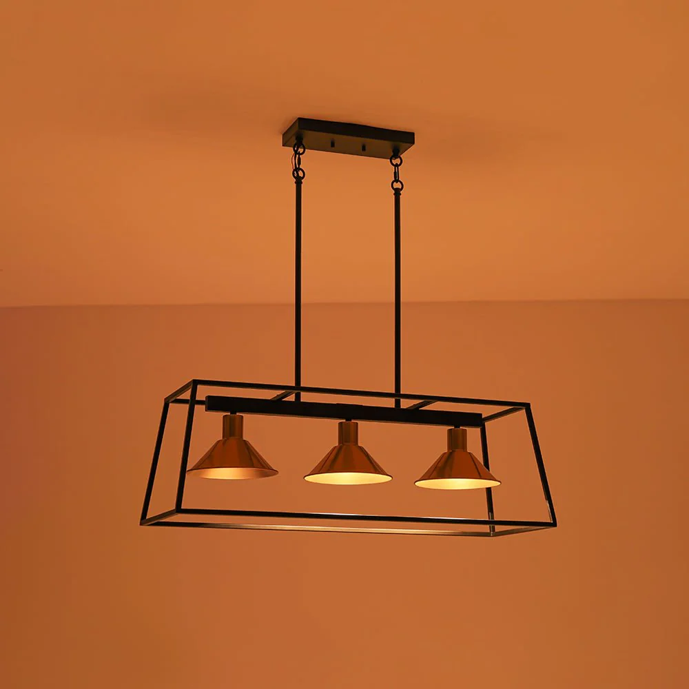 3-Light Black Brass Rectangle Cage Island Chandelier - Image 11