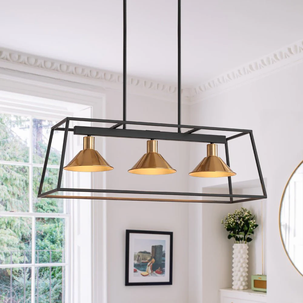 3-Light Black Brass Rectangle Cage Island Chandelier - Image 2