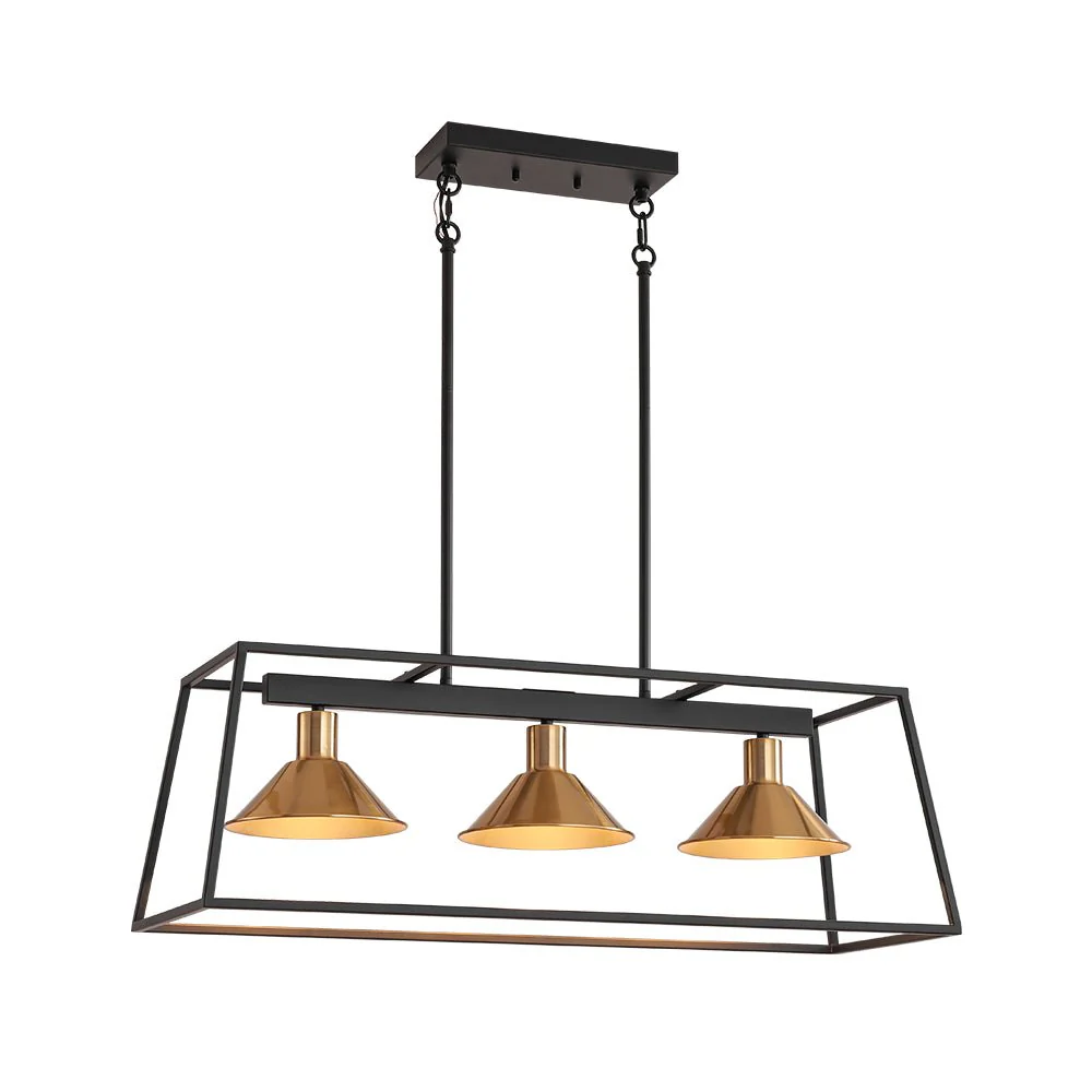3-Light Black Brass Rectangle Cage Island Chandelier - Image 3