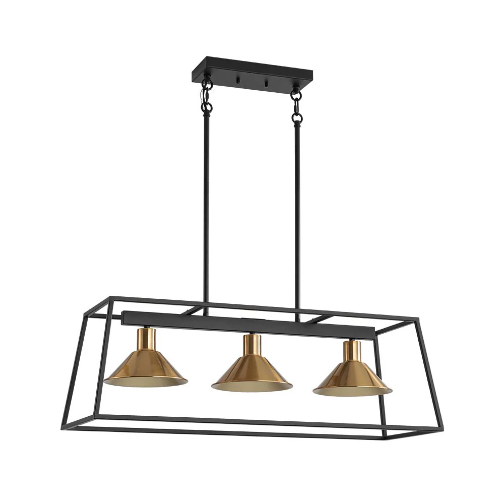 3-Light Black Brass Rectangle Cage Island Chandelier - Image 4