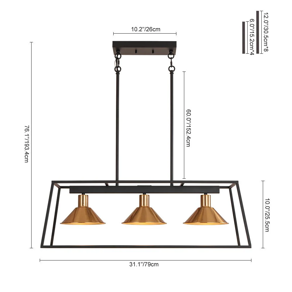 3-Light Black Brass Rectangle Cage Island Chandelier - Image 5