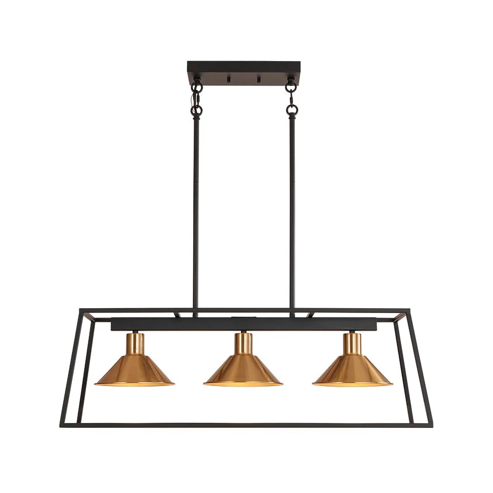 3-Light Black Brass Rectangle Cage Island Chandelier - Image 6