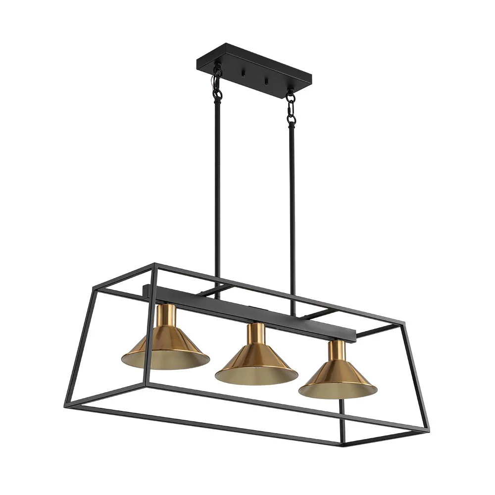 3-Light Black Brass Rectangle Cage Island Chandelier - Image 8