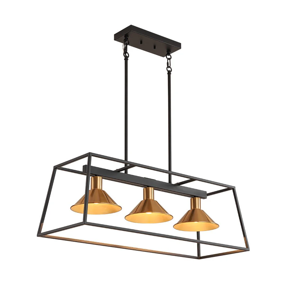 3-Light Black Brass Rectangle Cage Island Chandelier - Image 9