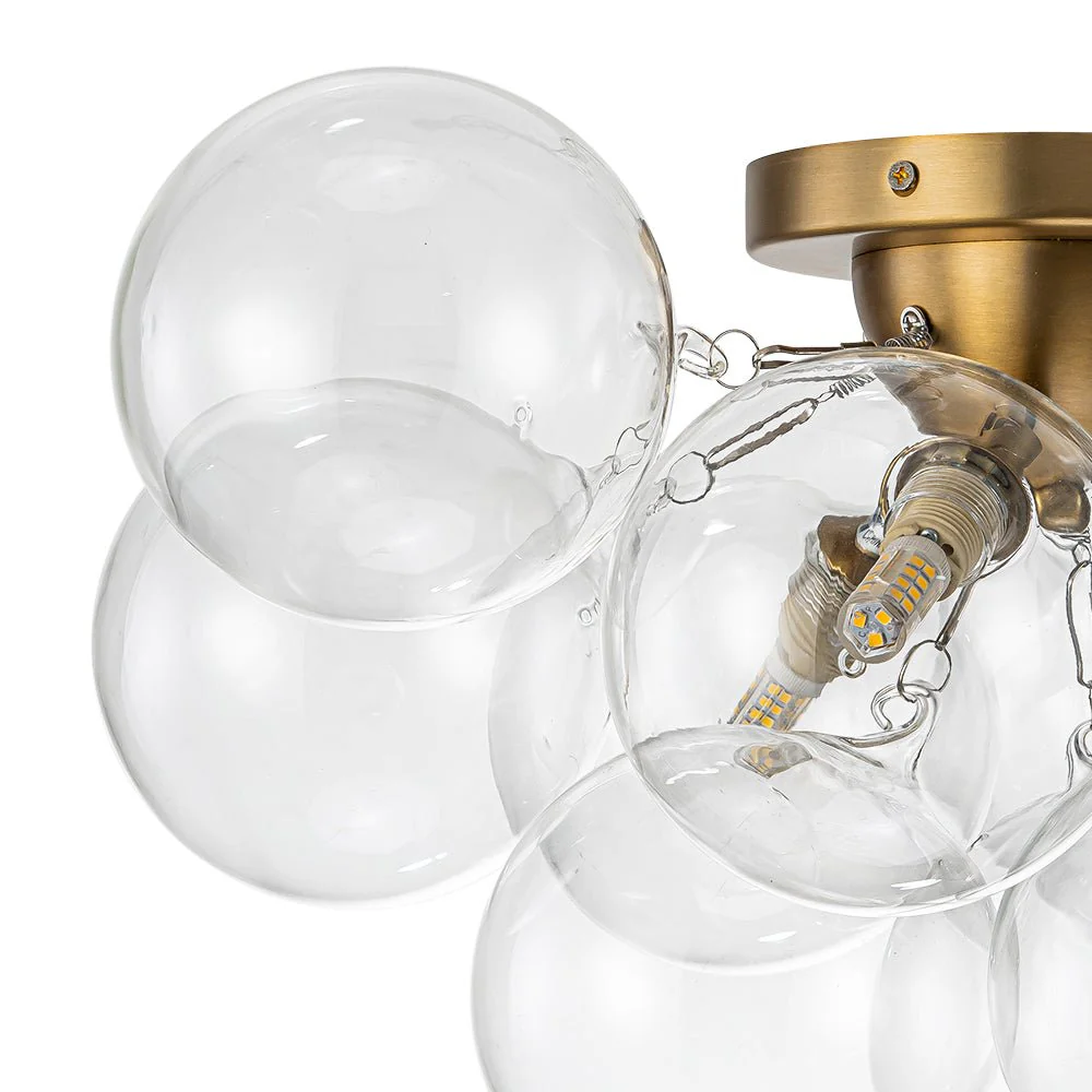 3-Light Brass Cluster Clear Glass Globe Bubble Ceiling Light - Image 21