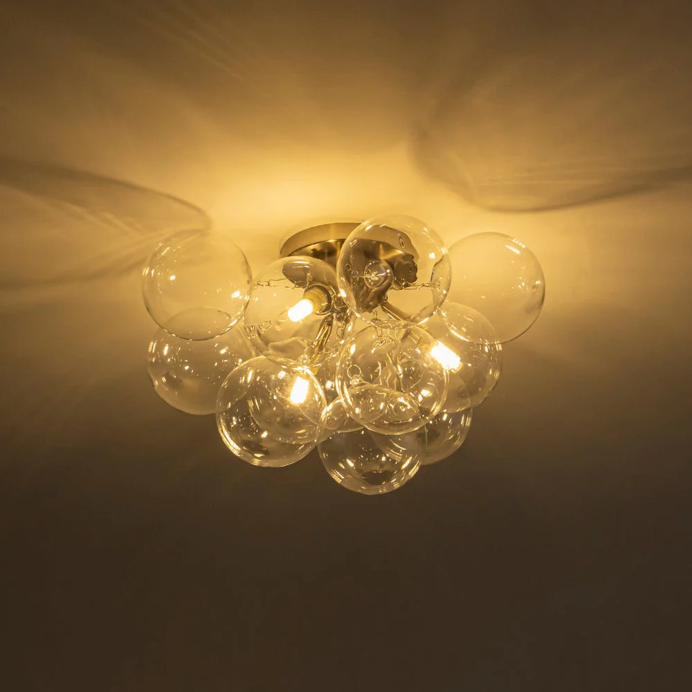 3-Light Brass Cluster Clear Glass Globe Bubble Ceiling Light - Image 29