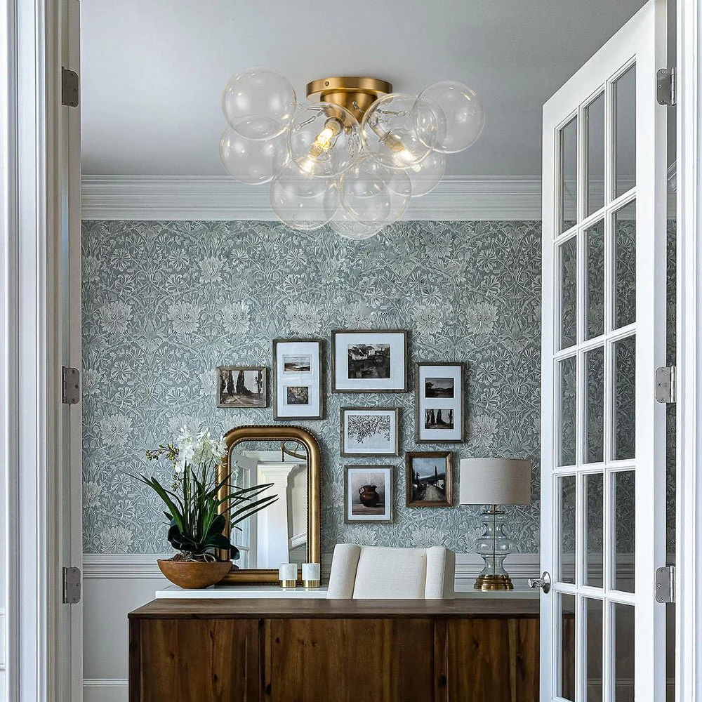 3-Light Brass Cluster Clear Glass Globe Bubble Ceiling Light - Image 3