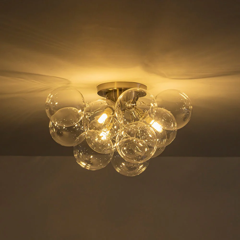 3-Light Brass Cluster Clear Glass Globe Bubble Ceiling Light - Image 30