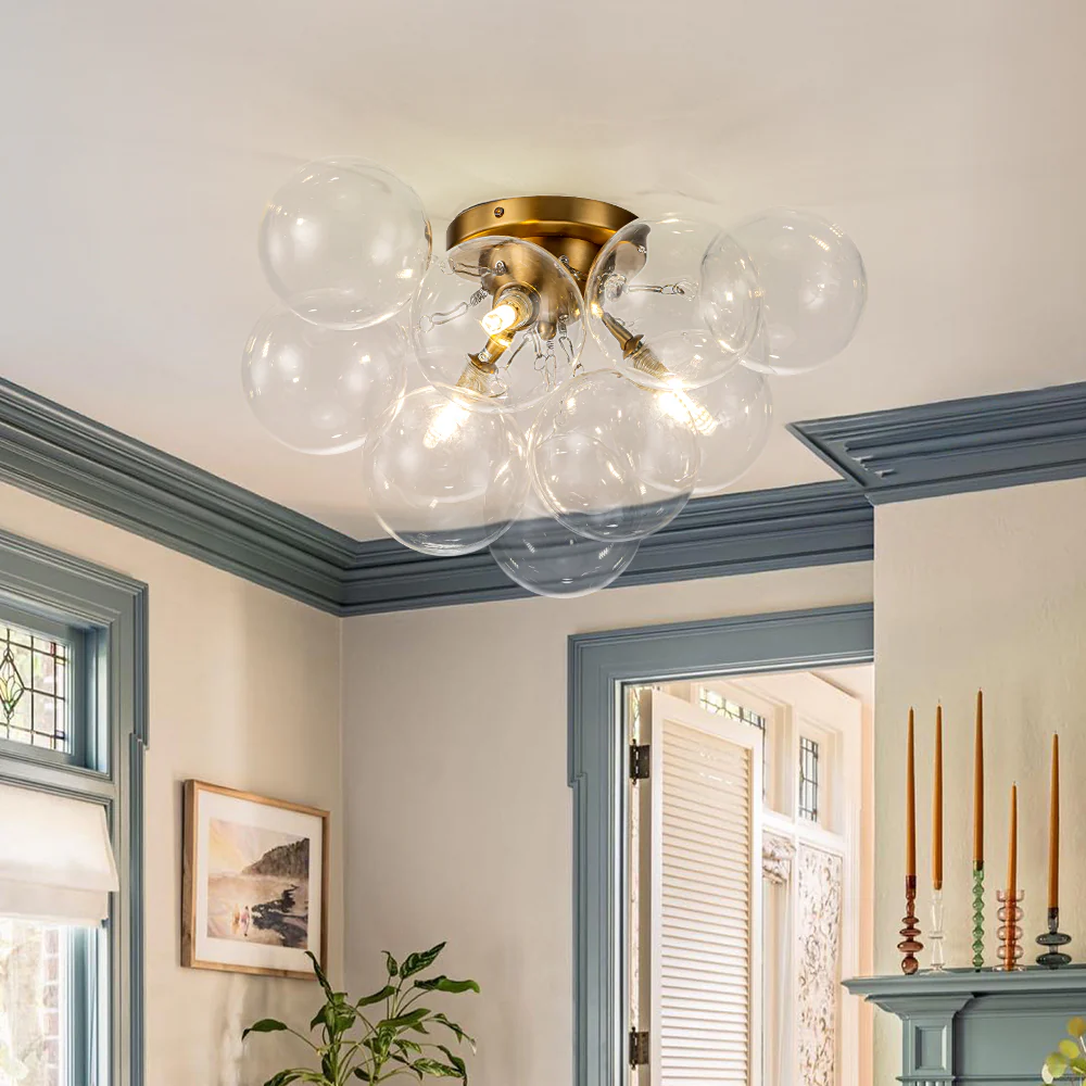 3-Light Brass Cluster Clear Glass Globe Bubble Ceiling Light - Image 4
