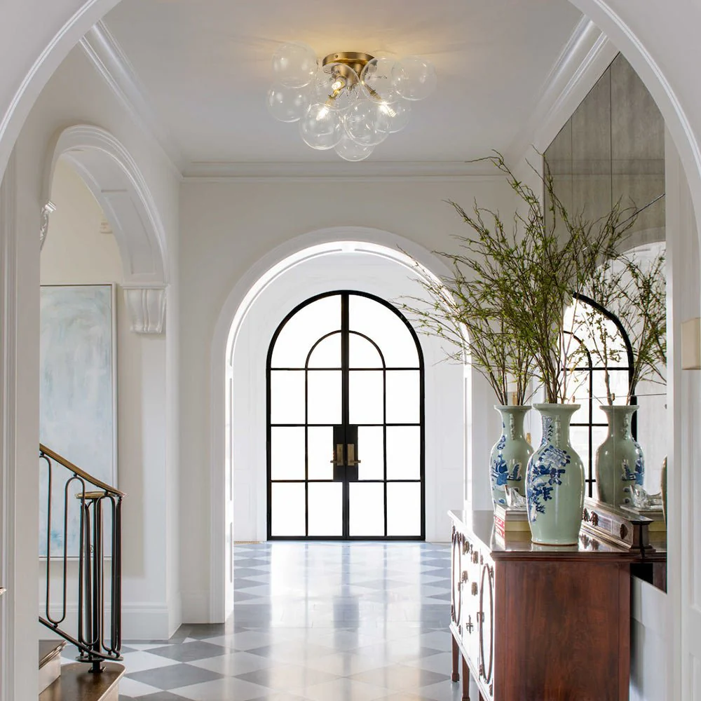 3-Light Brass Cluster Clear Glass Globe Bubble Ceiling Light - Image 5