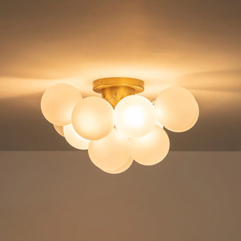 3-Light Brass Cluster Frosted Glass Globe Bubble Ceiling Light - Image 5