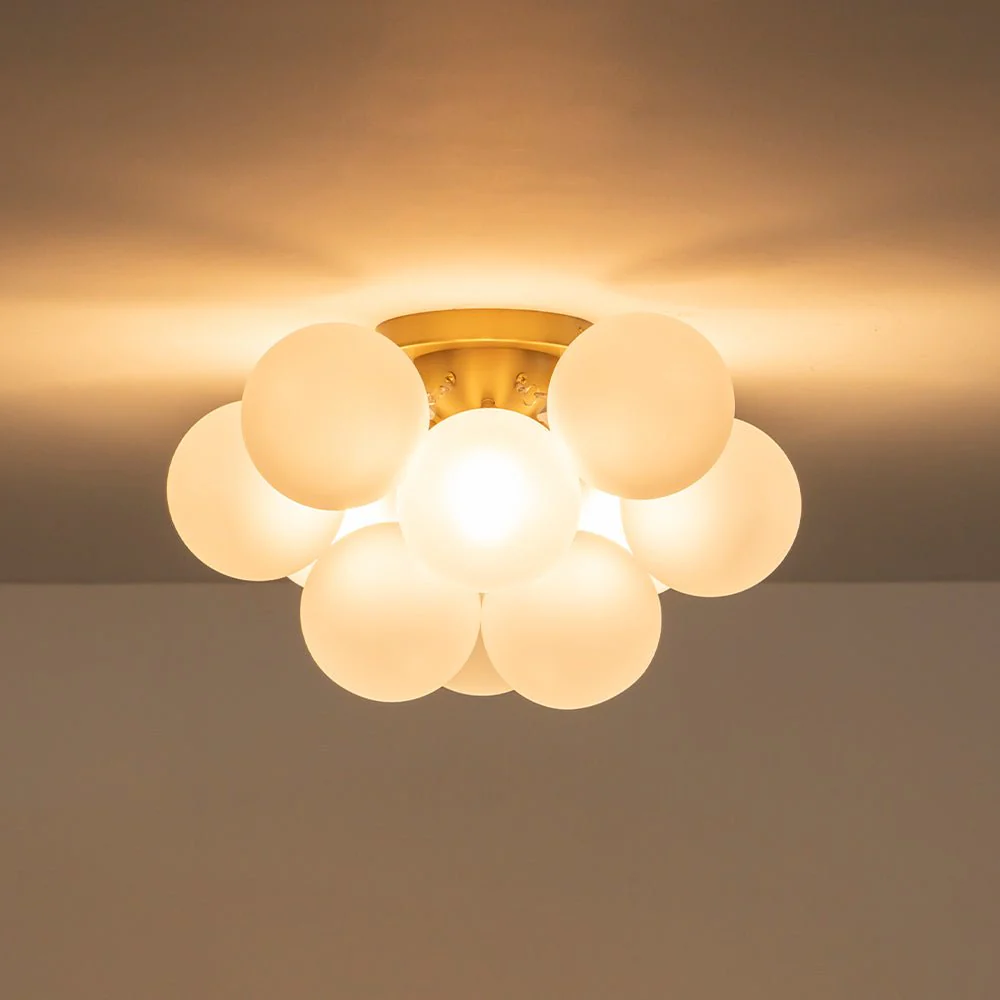 3-Light Brass Cluster Frosted Glass Globe Bubble Ceiling Light - Image 6