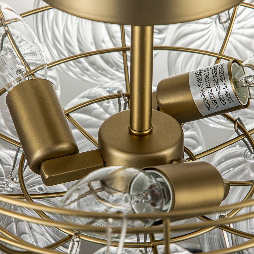 3-Light Brass Cluster Ribbed Glass Bubble Semi Flush Chandelier - Image 17